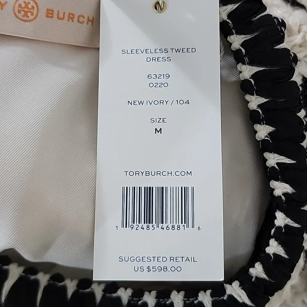 Tory‎ Burch Black Ivory Sleeveless Tweed Midi Dress Medium